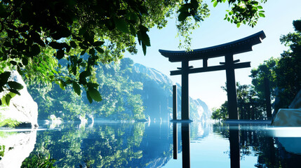 3D Serene Japanese Torii Gate in Lush Green Landscape with Reflective Calm Waters, Tranquil Mountain Scenery, Peaceful Spiritual Site Surrounded by Nature and Clear Blue Sky