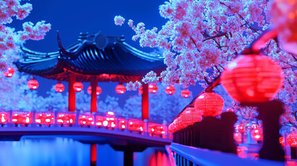 3D Traditional Ancient Chinese Bridge Illuminated with Red Lanterns and Blossoming Sakura Trees Under a Tranquil Night Sky, Vibrant Spring Festival Celebration, Aesthetic Cultural Scene