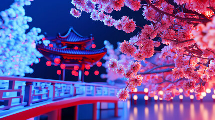 3D Traditional Ancient Chinese Bridge Illuminated with Red Lanterns and Blossoming Sakura Trees Under a Tranquil Night Sky, Vibrant Spring Festival Celebration, Aesthetic Cultural Scene