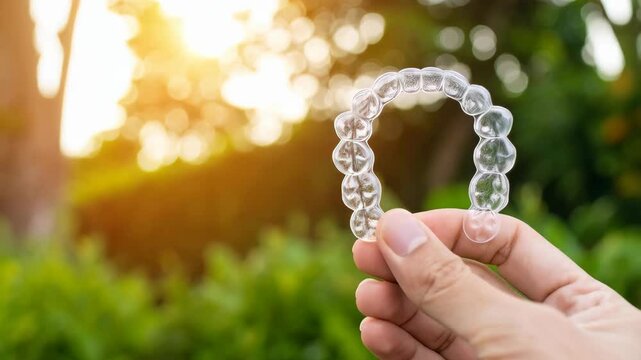 Hand holding clear plastic aligner for dental treatment outdoors with sunlight and green foliage for orthodontic teeth alignment concept