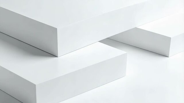 Abstract composition with interlocking rectangular white blocks on a glossy white surface. 3D shapes create a clean minimalist look.