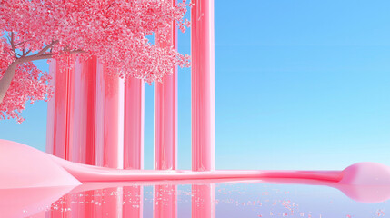3D Futuristic Minimalist Landscape with Pink Glass Pillars, Reflections of Vibrant Trees and Tranquil Blue Sky, Surreal Dreamlike Aesthetic, Creative and Elegant Architectural Design