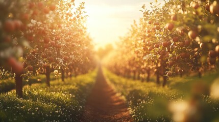 Obraz premium Sunlit apple orchard path
