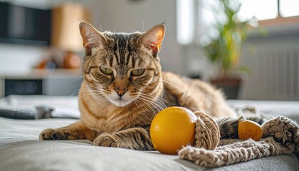 Captivating portrait of a tabby cat lounging indoors with an orange fruit