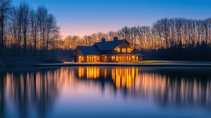 Fototapeta premium Picturesque Lakeside Home at Dusk, Capturing Serenity and Tranquility