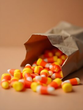 Candy Corn Spilling From Paper Bag Sweet Halloween Treat Concept