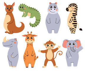 Naklejka premium Illustration in children's style. Set of cute animals. Monkey, rhinoceros, giraffe, zebra, elephant. Flat vector illustration.