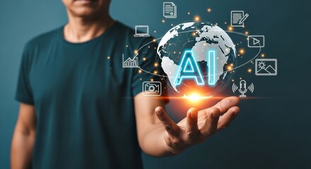 Man Holding Glowing Globe with AI and Global Technology Network