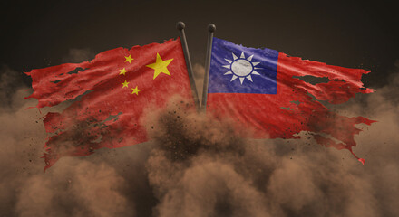 Distressed China and Taiwan Flags Amidst Dust Representing Conflict

