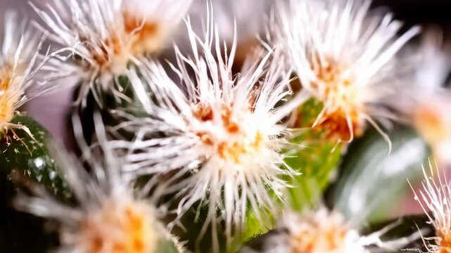 Close-up of a Mammillaria cactus with green tubercles and white spines emerging from the areoles in soft lighting.