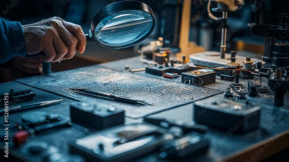 Poster close up of a technician's hands meticulously inspecting a microchip on a workbench, utilizing a mag