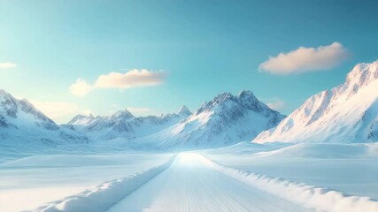 Snowy mountain landscape with clear blue sky and groomed trail, showcasing serene winter alpine nature outdoors with cold snow and peaceful trail through beautiful winter sky and landscape - Powered by Adobe