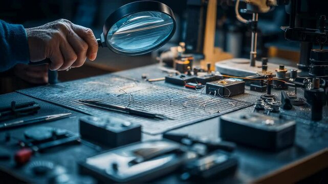 Close up of a technician's hands meticulously inspecting a microchip on a workbench, utilizing a magnifying glass to ensure precision and identify potential flaws in the intricate circuitry
