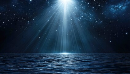 Night sky over a placid sea, bathed in a celestial beam