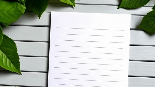 Blank lined sheet of paper on a gray wood surface framed by vibrant green leaves, suggesting a natural writing space