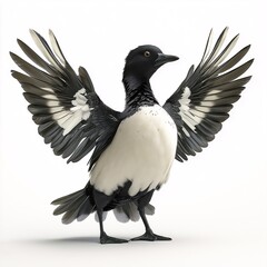 Obraz premium Whimsical Black and White Stylized Bird Cartoon. Playful Animated Character with Spread Feathers in Expressive Pose. Imaginative Wildlife Art & Nature Illustration