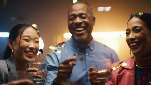Diverse Friends Toasting with Whiskey as Confetti Falls in a Festive Celebration
