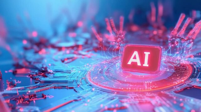 AI Innovation: Futuristic AI concept with glowing AI logo at the center of a circuit board, symbolizing technological advancement and innovation.