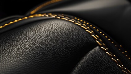 Close-up of black leather car seat with gold stitching