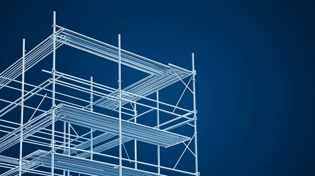 A detailed 3D blueprint of a modular scaffold structure with dynamic lines showing assembly stages, plank placement, guardrail installation, and toe-board fitting sequence