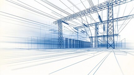 A site layout blueprint for a power substation with dynamic pen sketches showing installation of steel lattice towers and conductor stringing across insulators