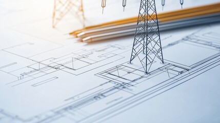 A site layout blueprint for a power substation with dynamic pen sketches showing installation of steel lattice towers and conductor stringing across insulators