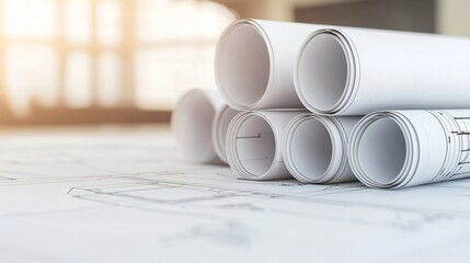A stack of blueprint sheets rolled out over a table showing truss layout, column grid, and bracing plan, with a dynamic overlay of chalk sketches marking installation stages