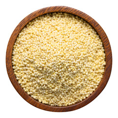 Organic yellow millet grain in wooden bowl, Top view	
