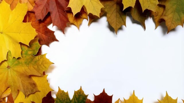 Autumn maple leaves in warm yellow and red tones framing a white background for seasonal designs and fall themed templates.