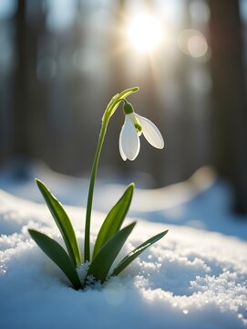 Snowdrop Flower Blooming Through Snow in Forest with Sunlight