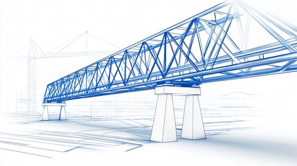 An isometric blueprint of a conveyor support truss with dynamic charcoal sketch showing connection splice welds and bracket fixing order