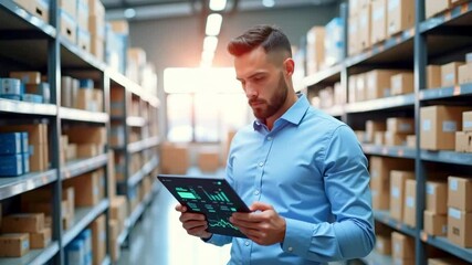 Business professional analyzing inventory data on a tablet in a well-organized warehouse setting - Powered by Adobe