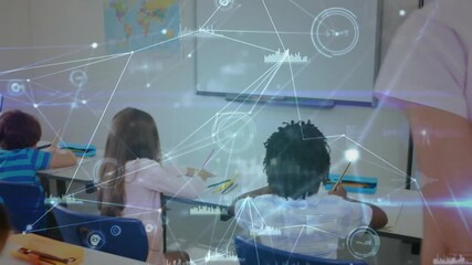 Teacher leaning over student starting writing in education, guiding with animated pencil highlights