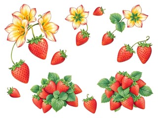 abstract playful hand drawn illustration of set of strawberry blossoms