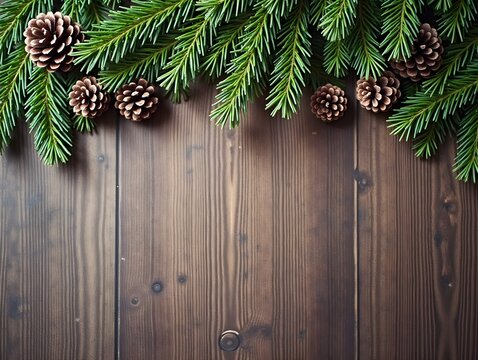 Evergreen Branches and Pine Cones on Wooden Surface for Christmas Concept