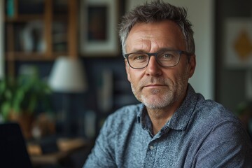 Obraz premium Portrait of a Confident, Serious Man with Glasses at Modern Home Workspace - Interior Lifestyle with Warm Autumn Colors