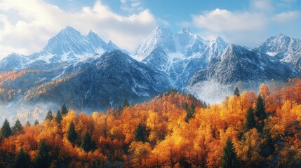 Picturesque mountain landscape featuring fall foliage under a cloudy sky