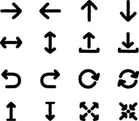 A set of 16 hand-drawn arrow icons in a clean black outline style. Perfect for UI design, web navigation, and functional direction indicators.