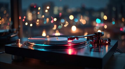 A turntable spins a vinyl record in a dimly lit room, city lights and bokeh effects glowing through the window, evoking a stylish urban nightlife vibe.