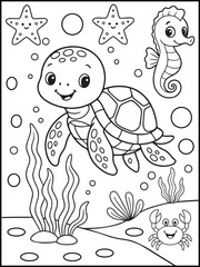 Cute Sea Turtle Coloring Page for Kids – Printable Black and White Underwater Line Art with Fish, Starfish, and Ocean Scene

