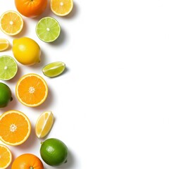 Vibrant flat lay of assorted citrus fruits, whole and sliced, creating a fresh and healthy frame on a white background
