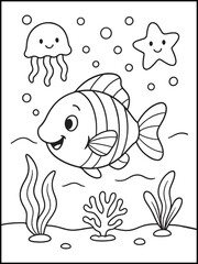 Cute Sea Turtle Coloring Page for Kids – Printable Black and White Underwater Line Art with Fish, Starfish, and Ocean Scene

