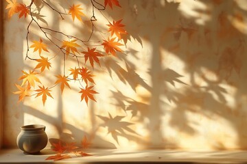 Cozy Autumnal Interior Design. Warm Orange Maple Shadows on Wall Art