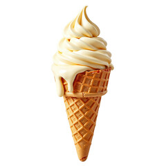 Creamy vanilla soft serve ice cream swirled atop a crisp waffle cone, melting slightly and showcasing smooth texture and rich flavor.