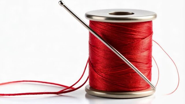 Close-up studio shot of vibrant red thread spooled on a metal bobbin with a sewing needle on bright white seamless background, crafting and sewing concept