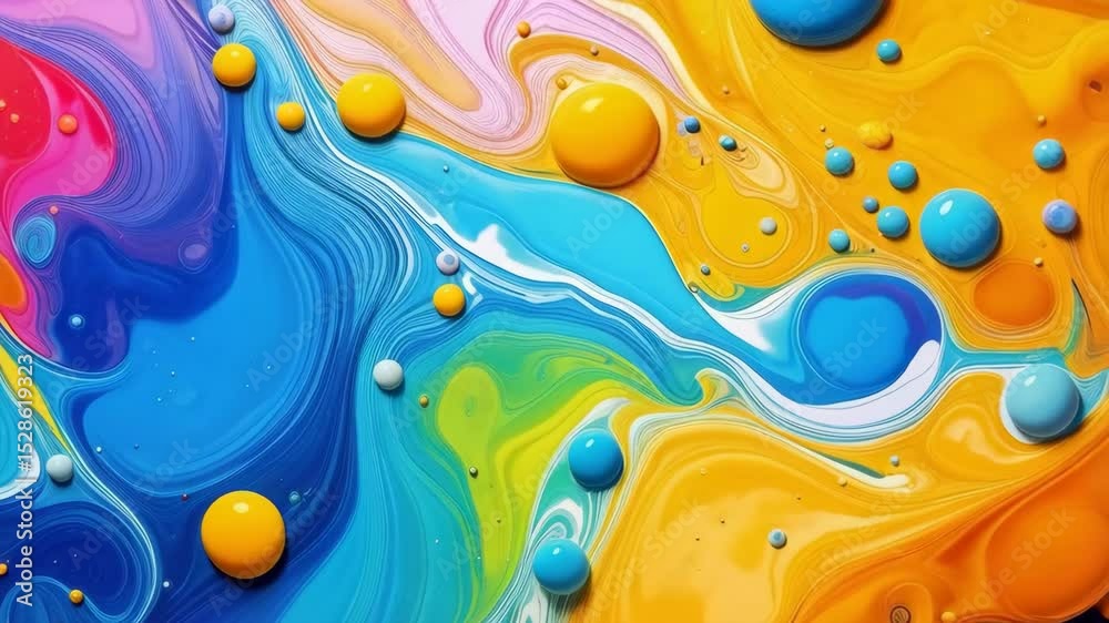 Poster dynamic and vibrant abstract flow painting with blending colorful liquids and floating spheres for u