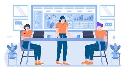 Business meeting with three people discussing strategy and collaboration. Suitable for business presentations, teamwork concepts, corporate communication materials.