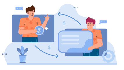 Two men exchanging money online, making a financial transaction, discussing business deals. Suitable for financial, ecommerce, technology concepts.