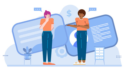 Two people discussing a blue ID card in a corporate setting. Suitable for business and identification related concepts in design projects.