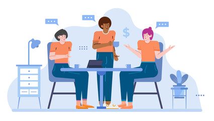 Three people having a discussion at a table. Suitable for business meetings, team collaboration, office communication, or casual conversations.